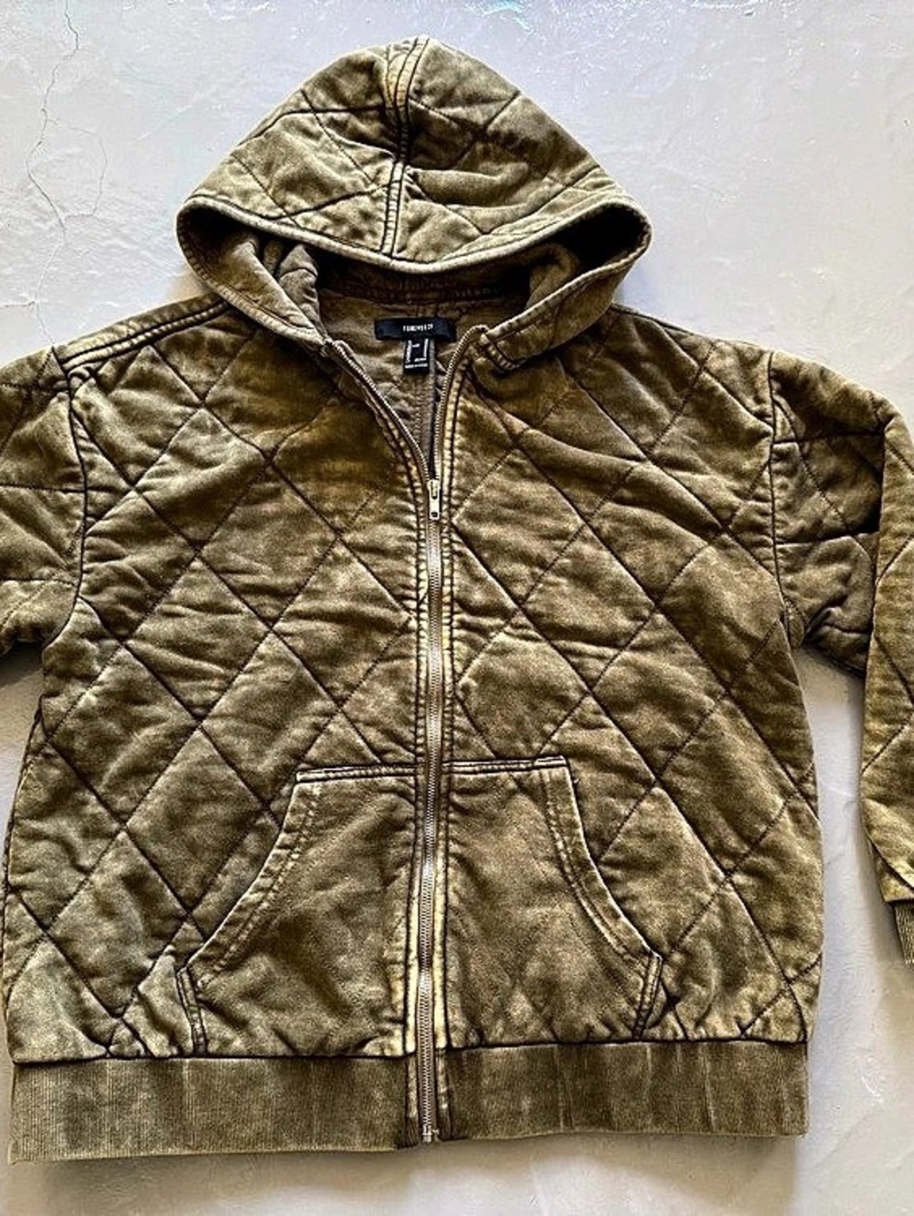 Forever 21 Quilted Hooded Jacket in Olive/Brown Size Small